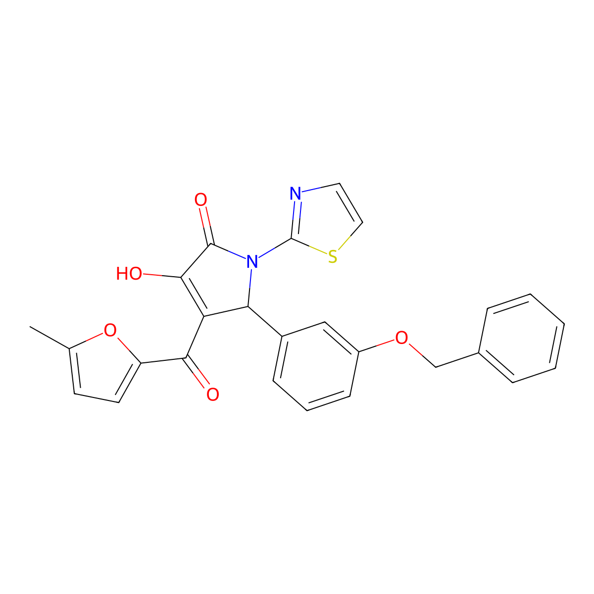 4-hydroxy-3-(5-methylfuran-2-carbonyl)-2-(3-phenylmethoxyphenyl)-1-(1,3-thiazol-2-yl)-2H-pyrrol-5-one molecular structure, CAS 620118-22-1