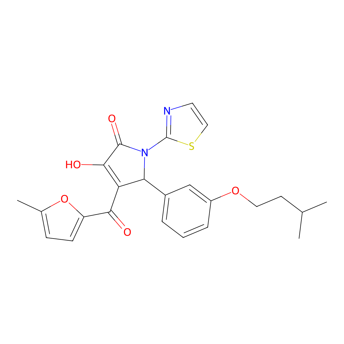 4-hydroxy-2-[3-(3-methylbutoxy)phenyl]-3-(5-methylfuran-2-carbonyl)-1-(1,3-thiazol-2-yl)-2H-pyrrol-5-one molecular structure, CAS 620118-90-3
