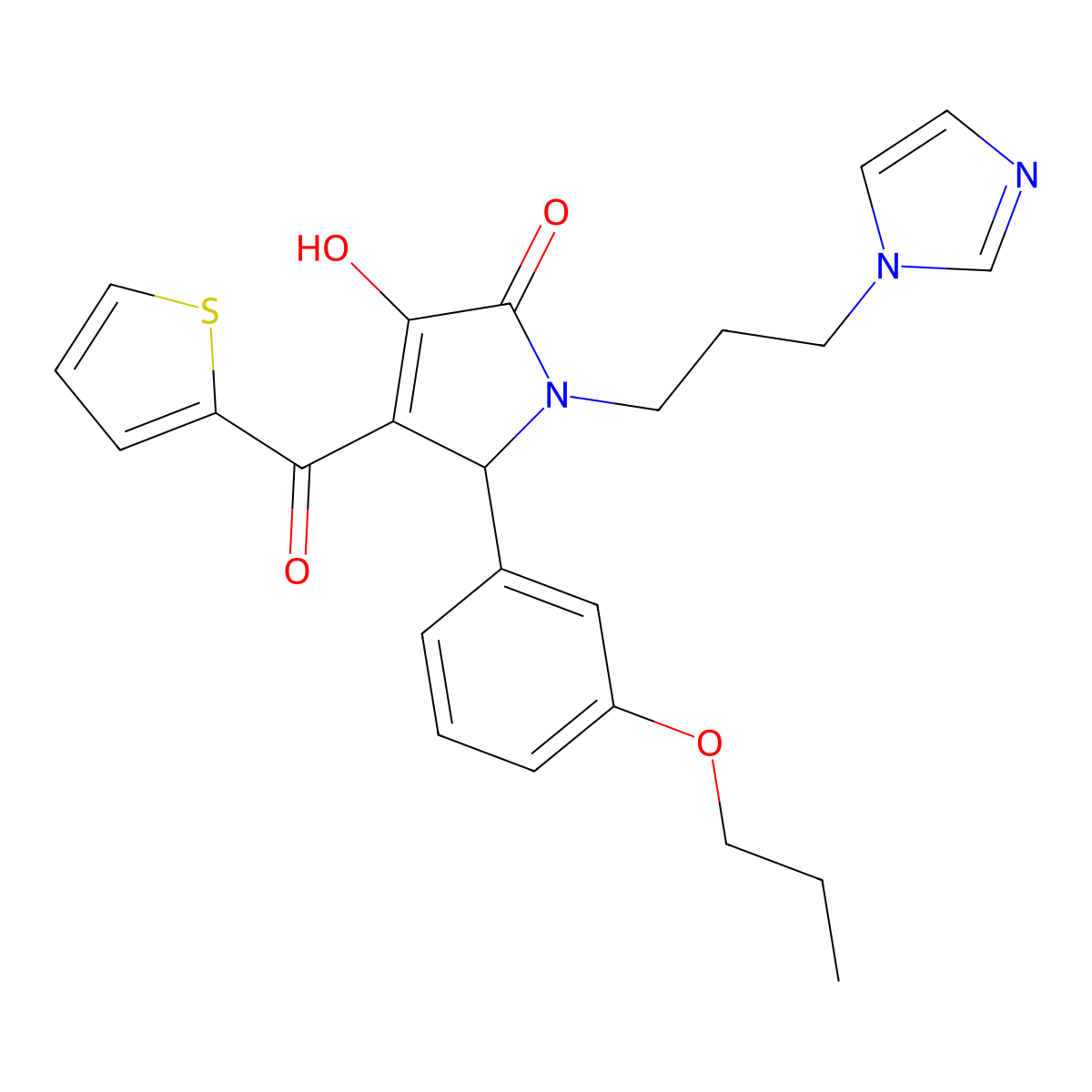3-hydroxy-1-[3-(1H-imidazol-1-yl)propyl]-5-(3-propoxyphenyl)-4-(thiophen-2-ylcarbonyl)-1,5-dihydro-2H-pyrrol-2-one molecular structure, CAS 620151-36-2