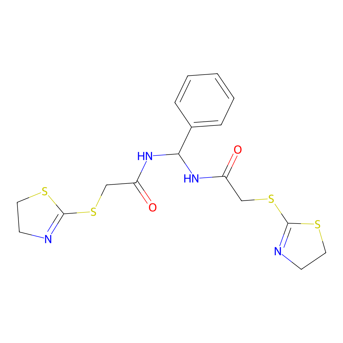 2-(4,5-dihydro-1,3-thiazol-2-ylsulfanyl)-N-[[[2-(4,5-dihydro-1,3-thiazol-2-ylsulfanyl)acetyl]amino]-phenylmethyl]acetamide molecular structure, CAS 620156-00-5