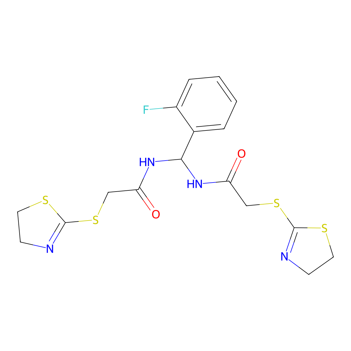 N,N'-[(2-fluorophenyl)methanediyl]bis[2-(4,5-dihydro-1,3-thiazol-2-ylsulfanyl)acetamide] molecular structure, CAS 620156-01-6