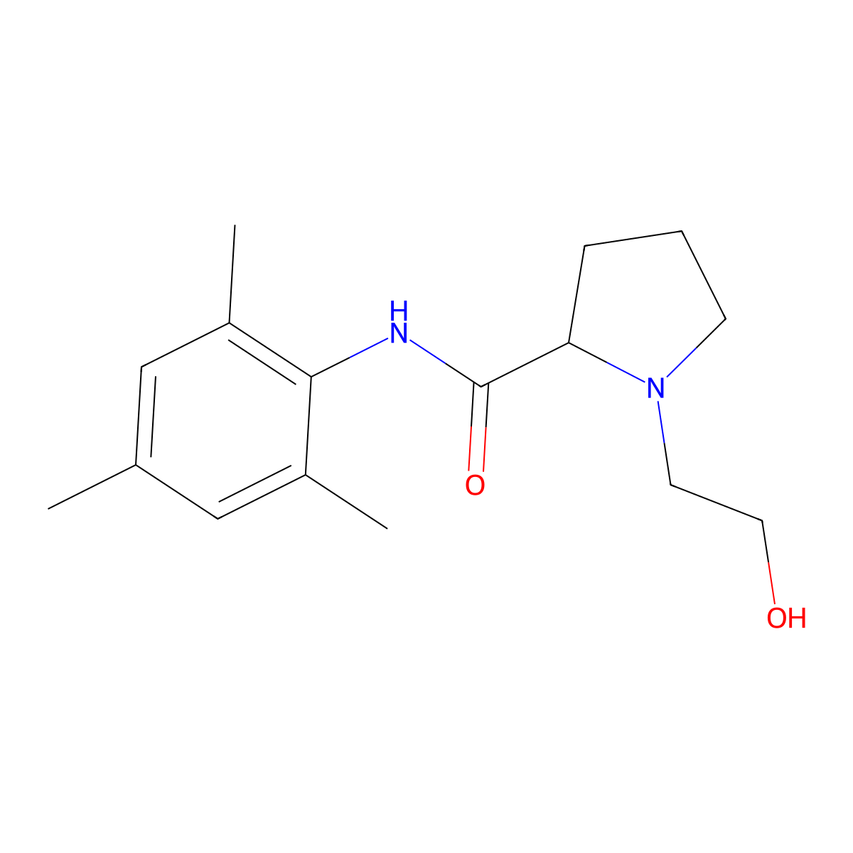 1-(2-hydroxyethyl)-N-(2,4,6-trimethylphenyl)pyrrolidine-2-carboxamide molecular structure, CAS 62041-69-4