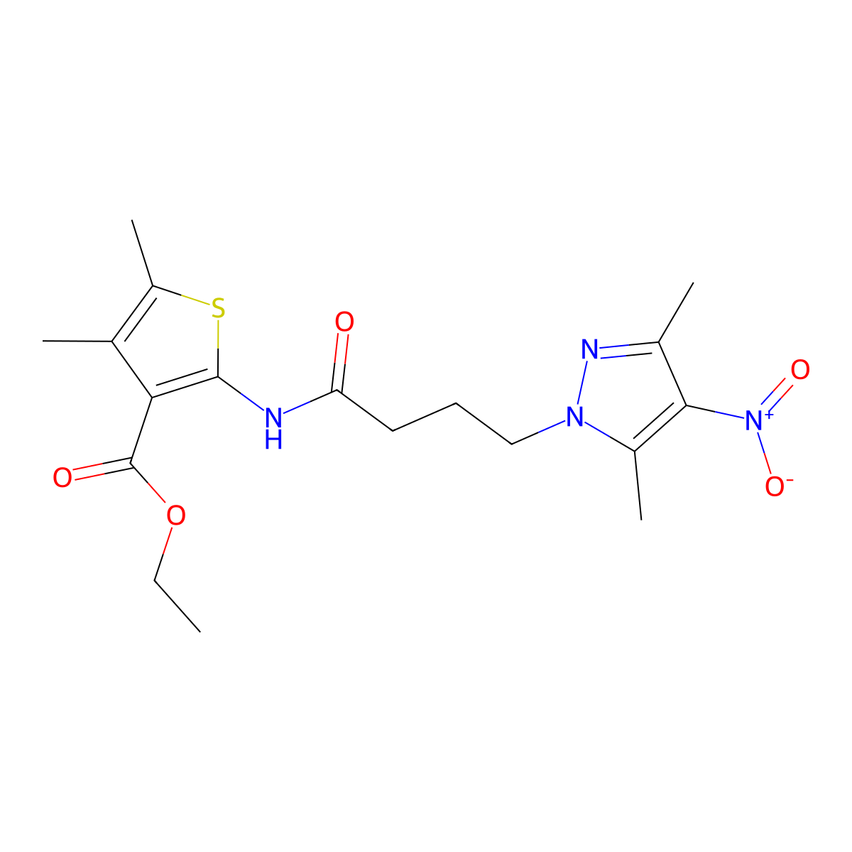 Ethyl 2-[4-(3,5-dimethyl-4-nitro-1H-pyrazol-1-yl)butanamido]-4,5-dimethylthiophene-3-carboxylate molecular structure, CAS 6205-56-7