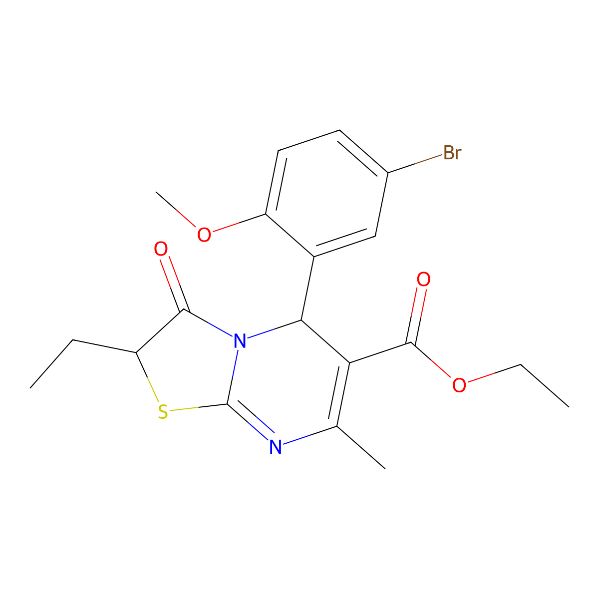 ethyl 5-(5-bromo-2-methoxyphenyl)-2-ethyl-7-methyl-3-oxo-2,3-dihydro-5H-[1,3]thiazolo[3,2-a]pyrimidine-6-carboxylate molecular structure, CAS 620553-05-1
