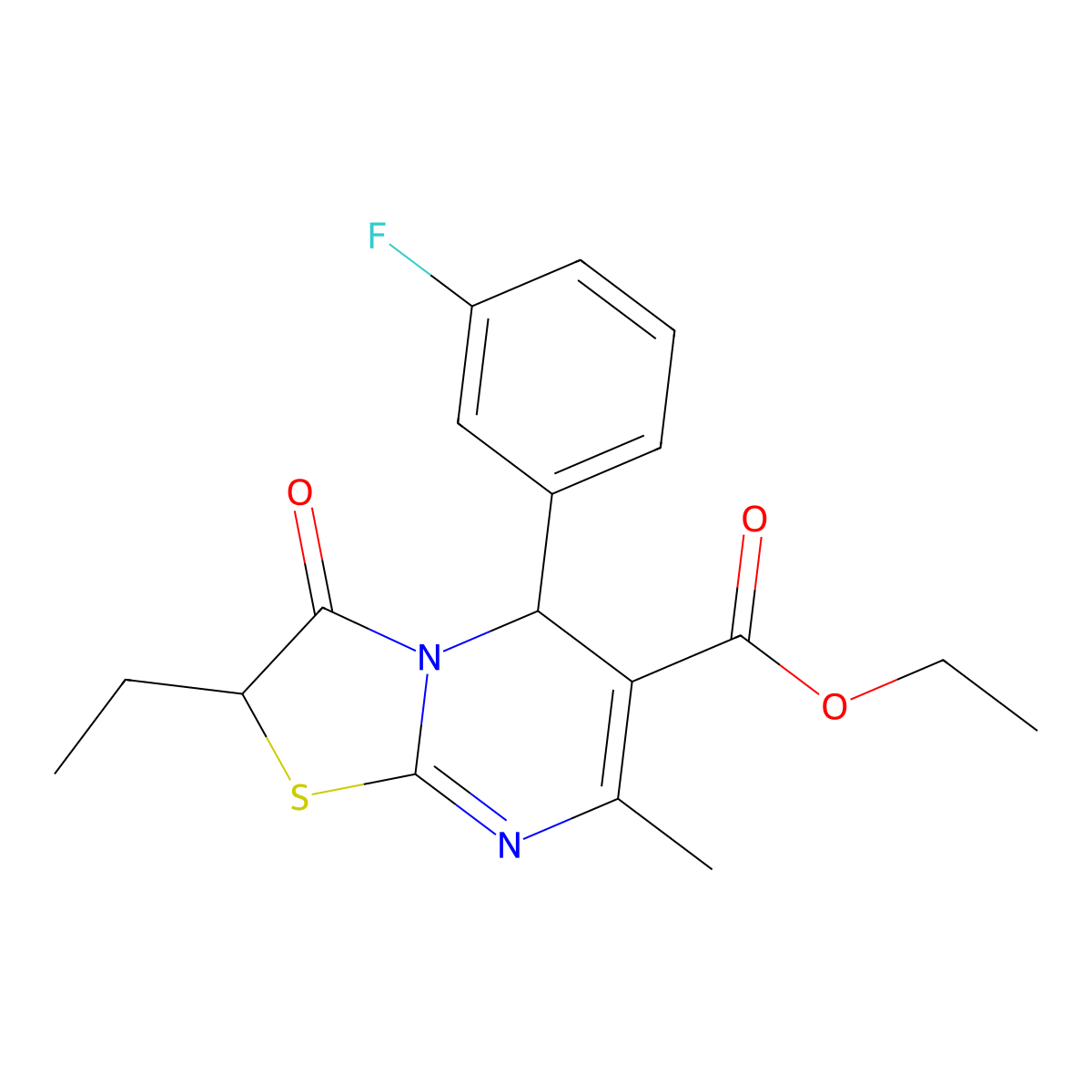 ethyl 2-ethyl-5-(3-fluorophenyl)-7-methyl-3-oxo-2,3-dihydro-5H-[1,3]thiazolo[3,2-a]pyrimidine-6-carboxylate molecular structure, CAS 620553-06-2