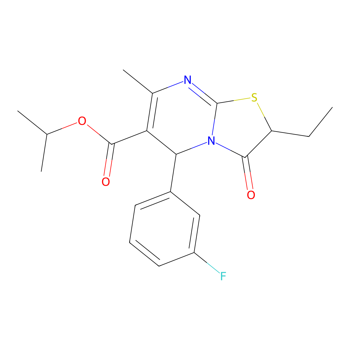 isopropyl 2-ethyl-5-(3-fluorophenyl)-7-methyl-3-oxo-2,3-dihydro-5H-[1,3]thiazolo[3,2-a]pyrimidine-6-carboxylate molecular structure, CAS 620553-39-1