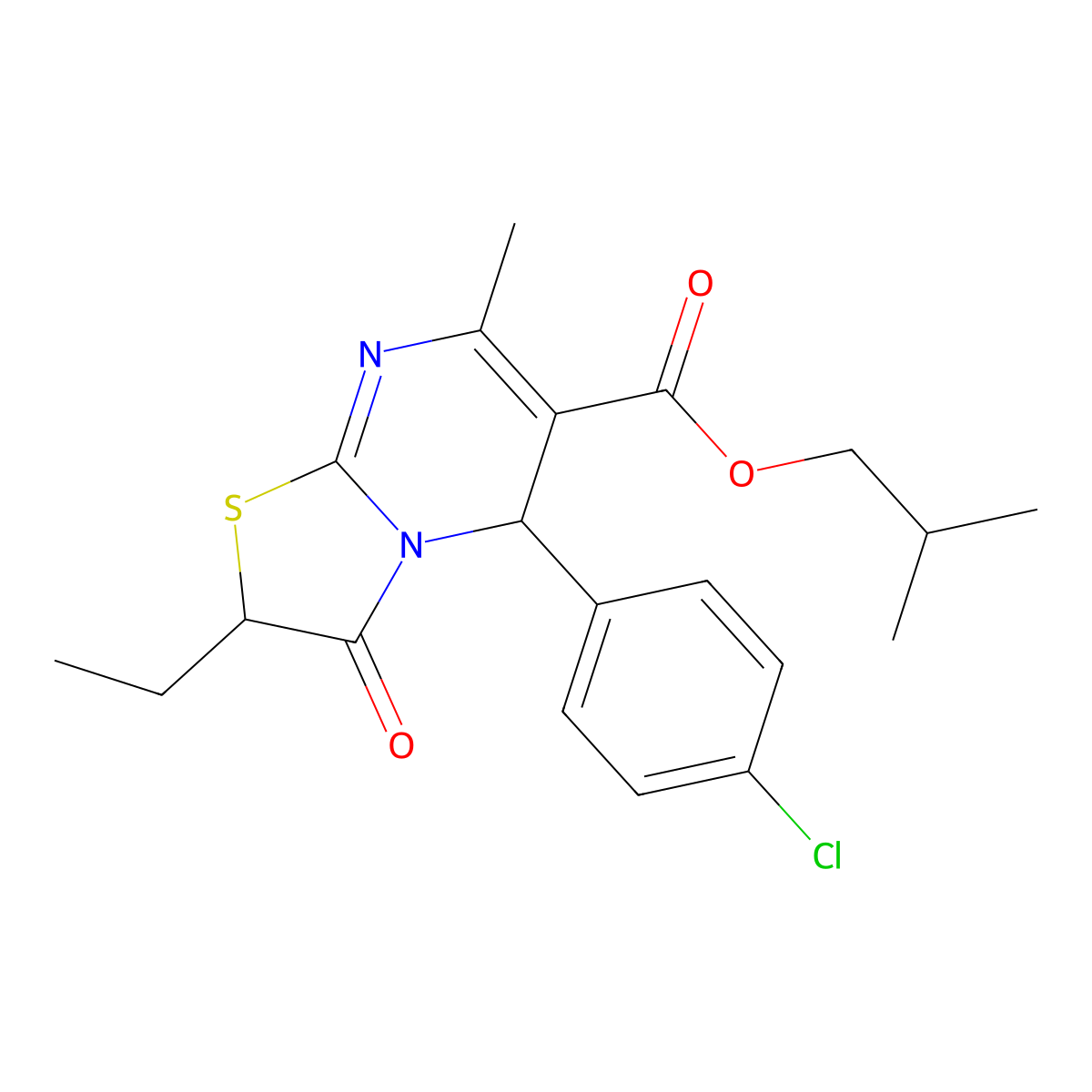 isobutyl 5-(4-chlorophenyl)-2-ethyl-7-methyl-3-oxo-2,3-dihydro-5H-[1,3]thiazolo[3,2-a]pyrimidine-6-carboxylate molecular structure, CAS 620553-68-6