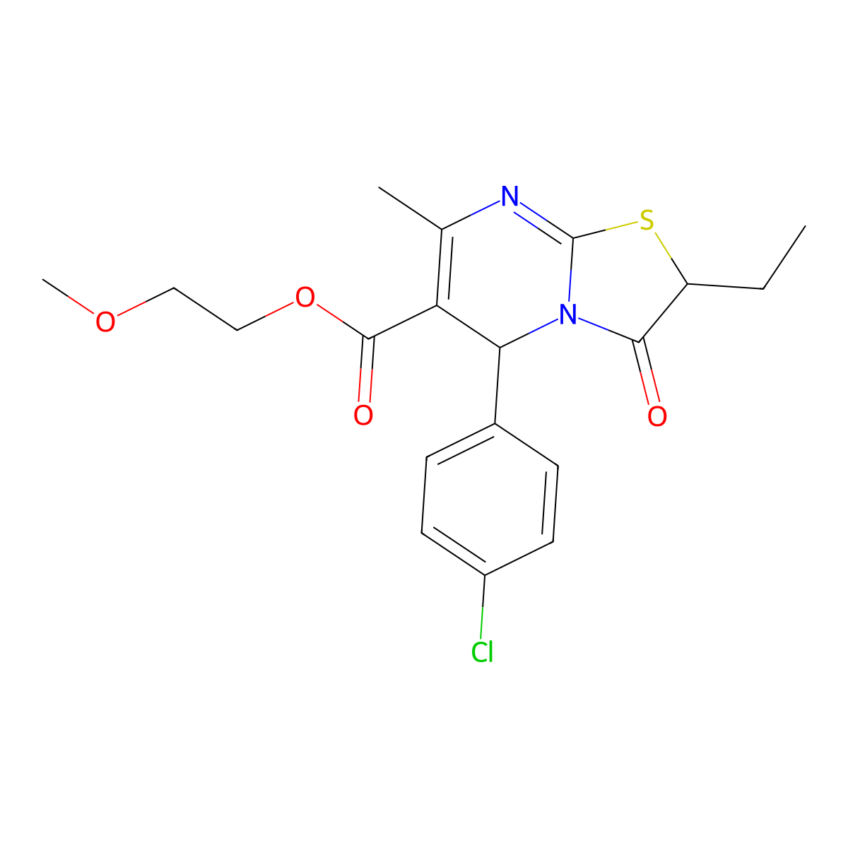 2-methoxyethyl 5-(4-chlorophenyl)-2-ethyl-7-methyl-3-oxo-2,3-dihydro-5H-[1,3]thiazolo[3,2-a]pyrimidine-6-carboxylate molecular structure, CAS 620554-18-9