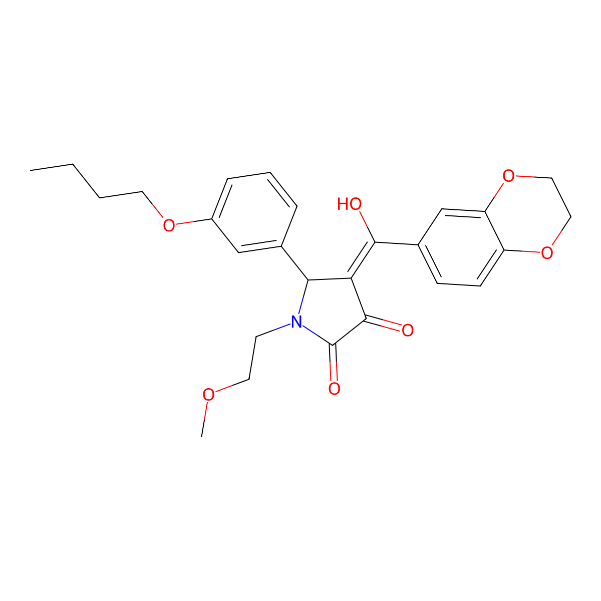 5-(3-butoxyphenyl)-4-(2,3-dihydro-1,4-benzodioxine-6-carbonyl)-3-hydroxy-1-(2-methoxyethyl)-2,5-dihydro-1H-pyrrol-2-one molecular structure, CAS 620558-43-2