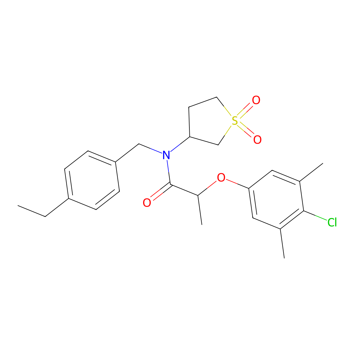 2-(4-chloro-3,5-dimethylphenoxy)-N-(1,1-dioxidotetrahydrothiophen-3-yl)-N-(4-ethylbenzyl)propanamide molecular structure, CAS 620564-33-2
