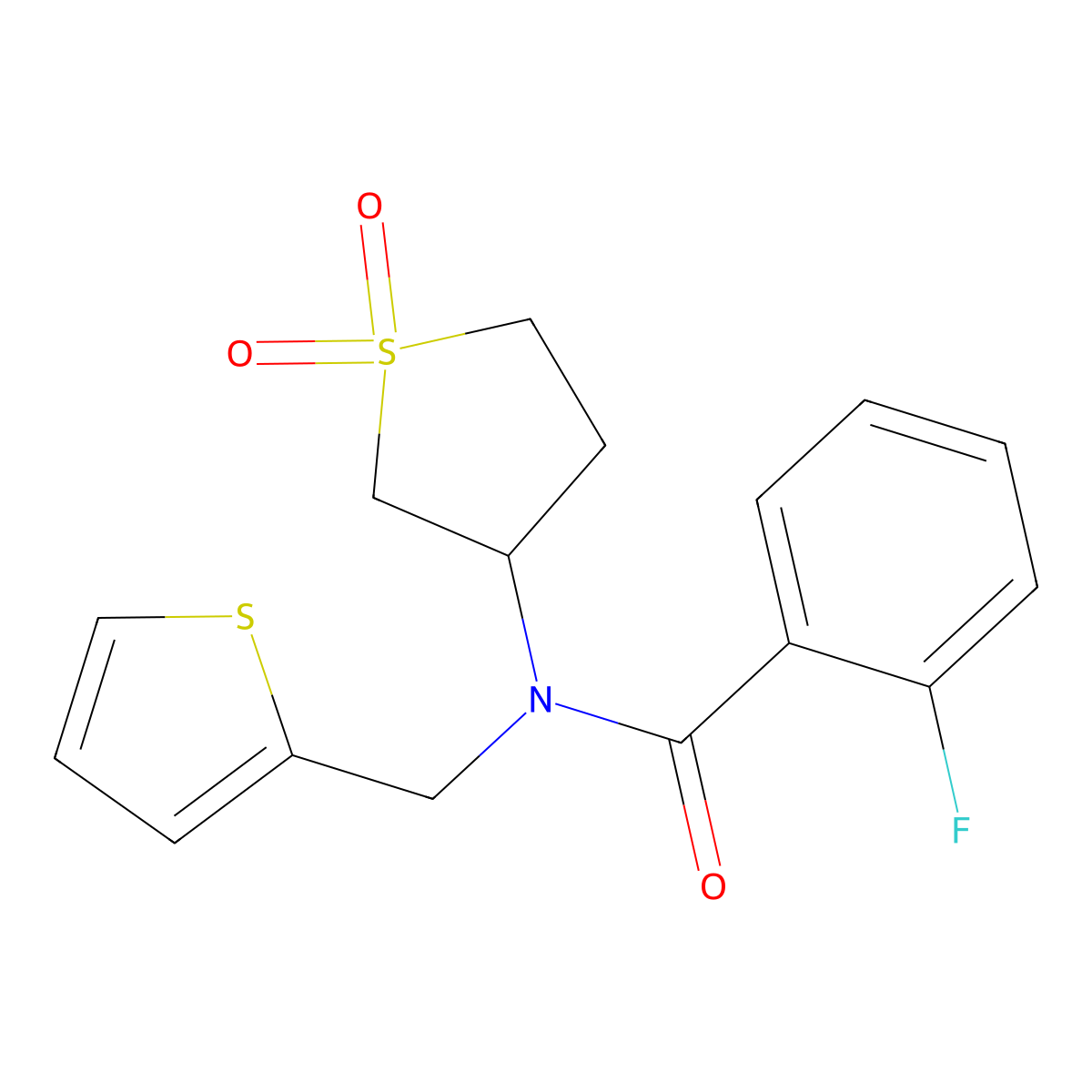N-(1,1-dioxidotetrahydrothiophen-3-yl)-2-fluoro-N-(thiophen-2-ylmethyl)benzamide molecular structure, CAS 620566-77-0
