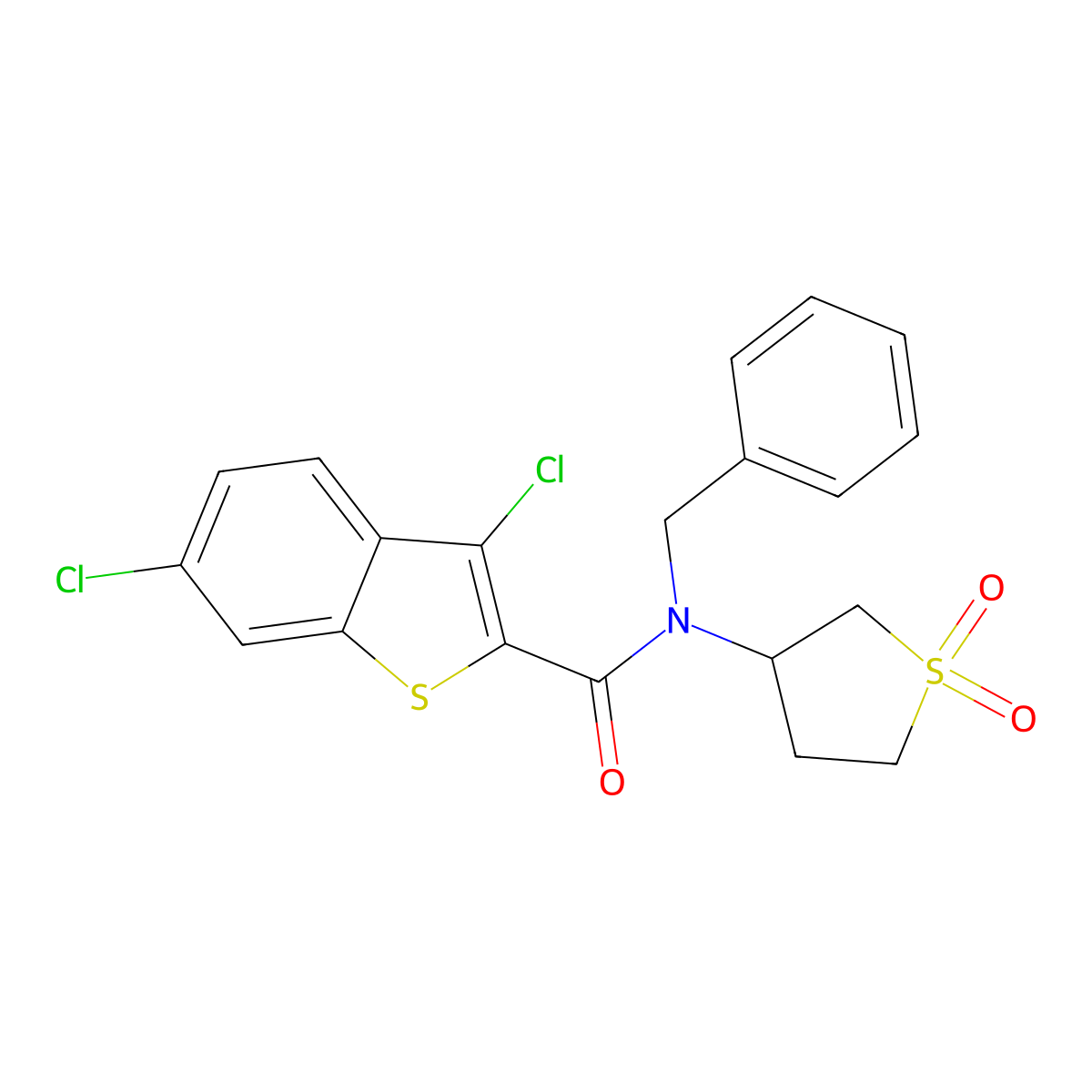 N-benzyl-3,6-dichloro-N-(1,1-dioxidotetrahydrothiophen-3-yl)-1-benzothiophene-2-carboxamide molecular structure, CAS 620567-40-0
