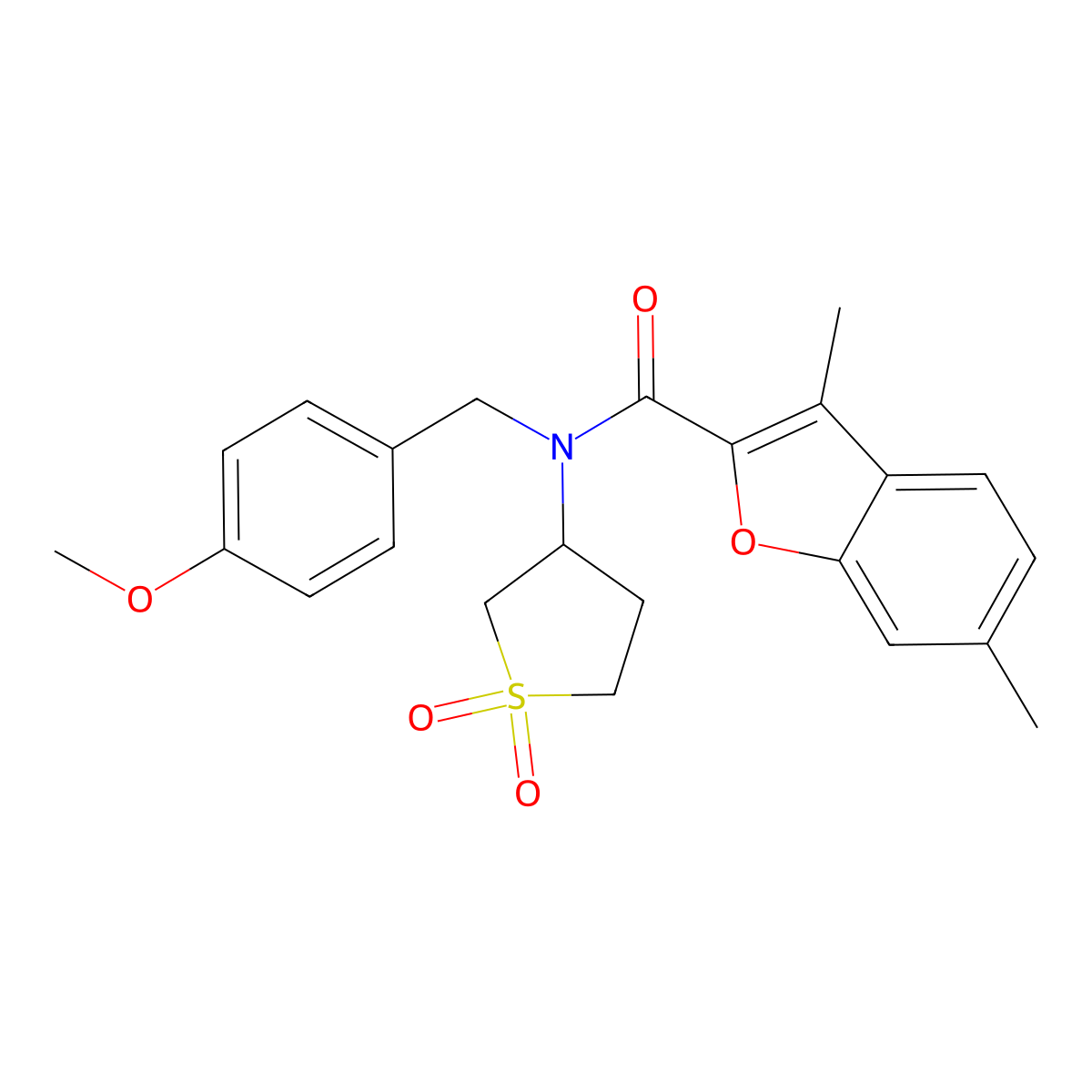 N-(1,1-dioxidotetrahydrothiophen-3-yl)-N-(4-methoxybenzyl)-3,6-dimethyl-1-benzofuran-2-carboxamide molecular structure, CAS 620568-24-3