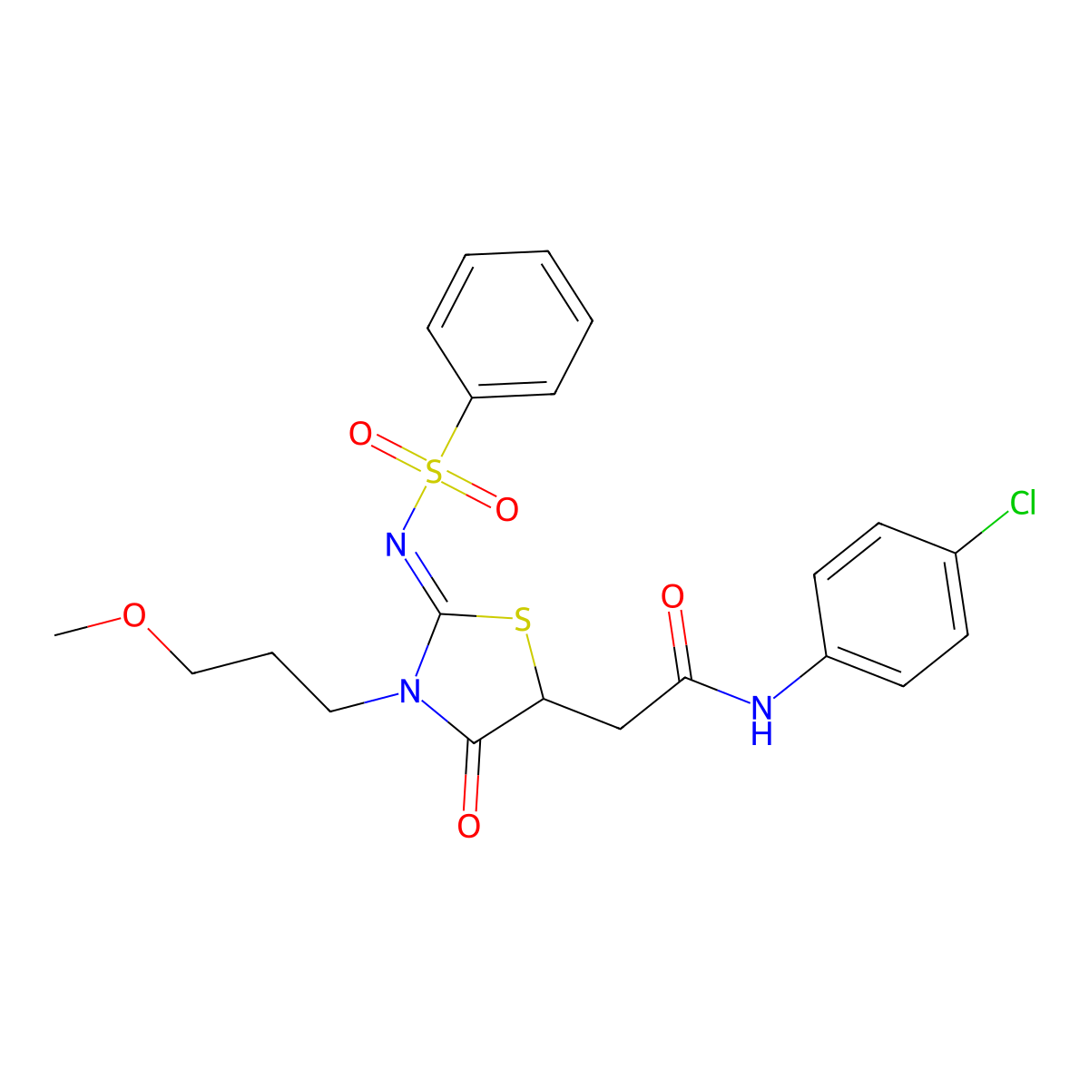 N-(4-chlorophenyl)-2-(3-(3-methoxypropyl)-4-oxo-2-((phenylsulfonyl)imino)thiazolidin-5-yl)acetamide molecular structure, CAS 620568-48-1