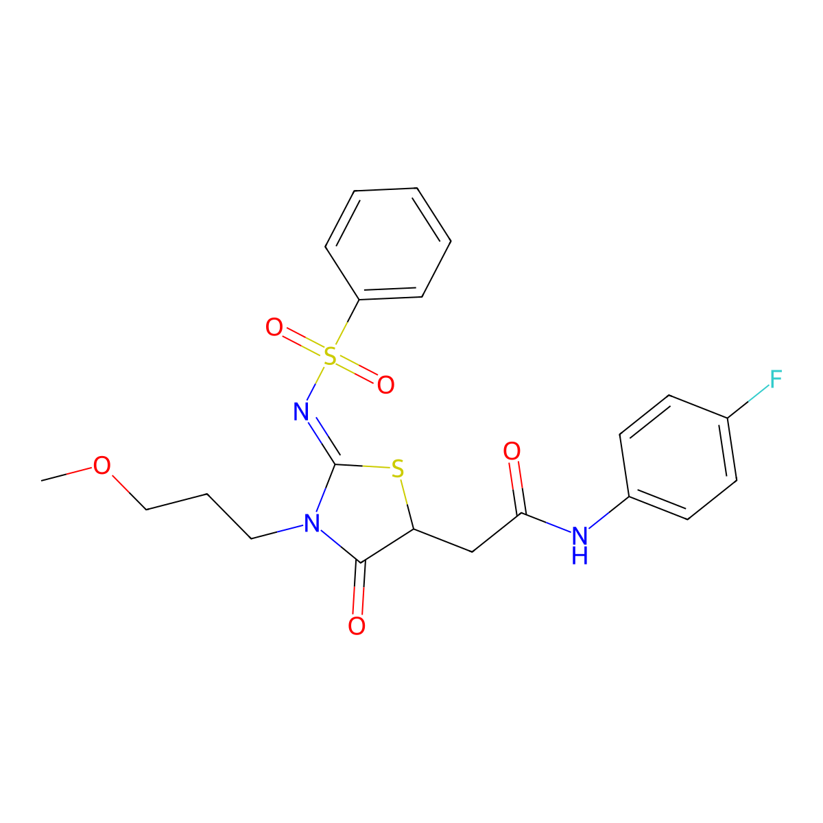 2-[2-(benzenesulfonylimino)-3-(3-methoxypropyl)-4-oxo-1,3-thiazolidin-5-yl]-N-(4-fluorophenyl)acetamide molecular structure, CAS 620568-52-7