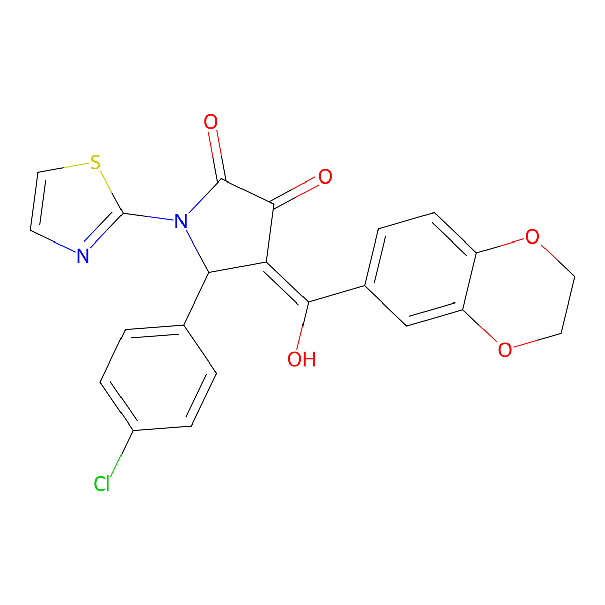 5-(4-chlorophenyl)-4-(2,3-dihydro-1,4-benzodioxine-6-carbonyl)-3-hydroxy-1-(1,3-thiazol-2-yl)-2,5-dihydro-1H-pyrrol-2-one molecular structure, CAS 620569-00-8