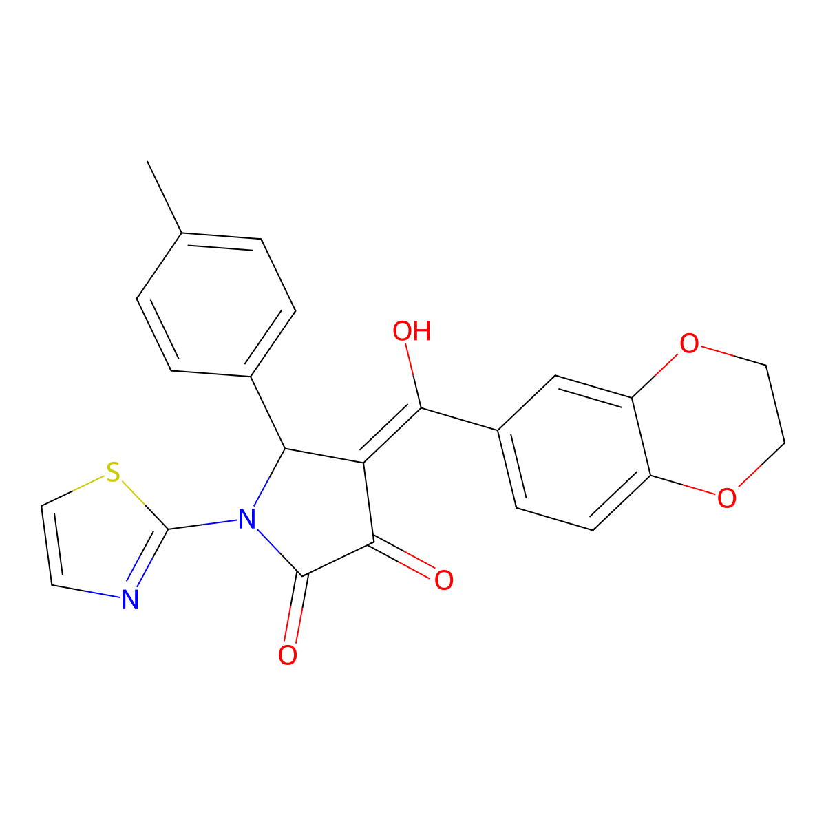 4-(2,3-dihydro-1,4-benzodioxine-6-carbonyl)-3-hydroxy-5-(4-methylphenyl)-1-(1,3-thiazol-2-yl)-2,5-dihydro-1H-pyrrol-2-one molecular structure, CAS 620569-05-3