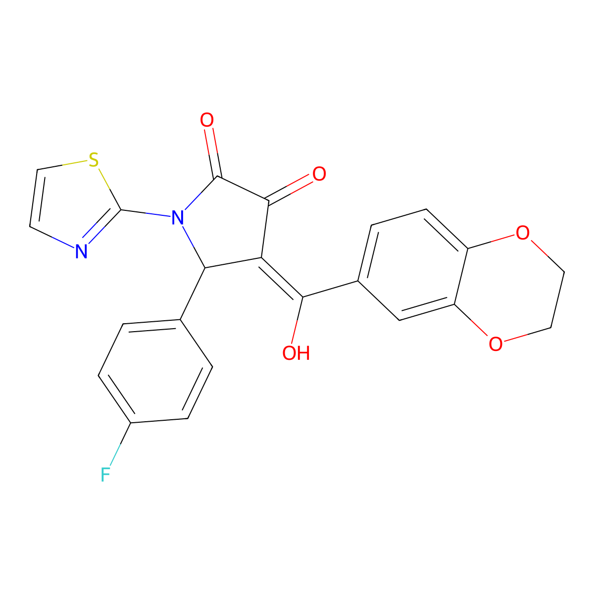 4-(2,3-dihydro-1,4-benzodioxine-6-carbonyl)-5-(4-fluorophenyl)-3-hydroxy-1-(1,3-thiazol-2-yl)-2,5-dihydro-1H-pyrrol-2-one molecular structure, CAS 620569-26-8