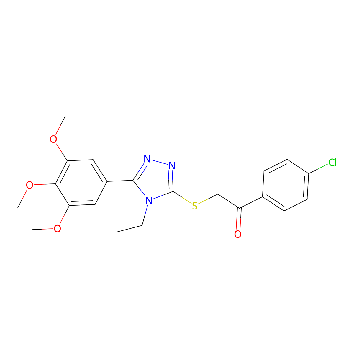 1-(4-chlorophenyl)-2-((4-ethyl-5-(3,4,5-trimethoxyphenyl)-4H-1,2,4-triazol-3-yl)thio)ethanone molecular structure, CAS 620570-04-9