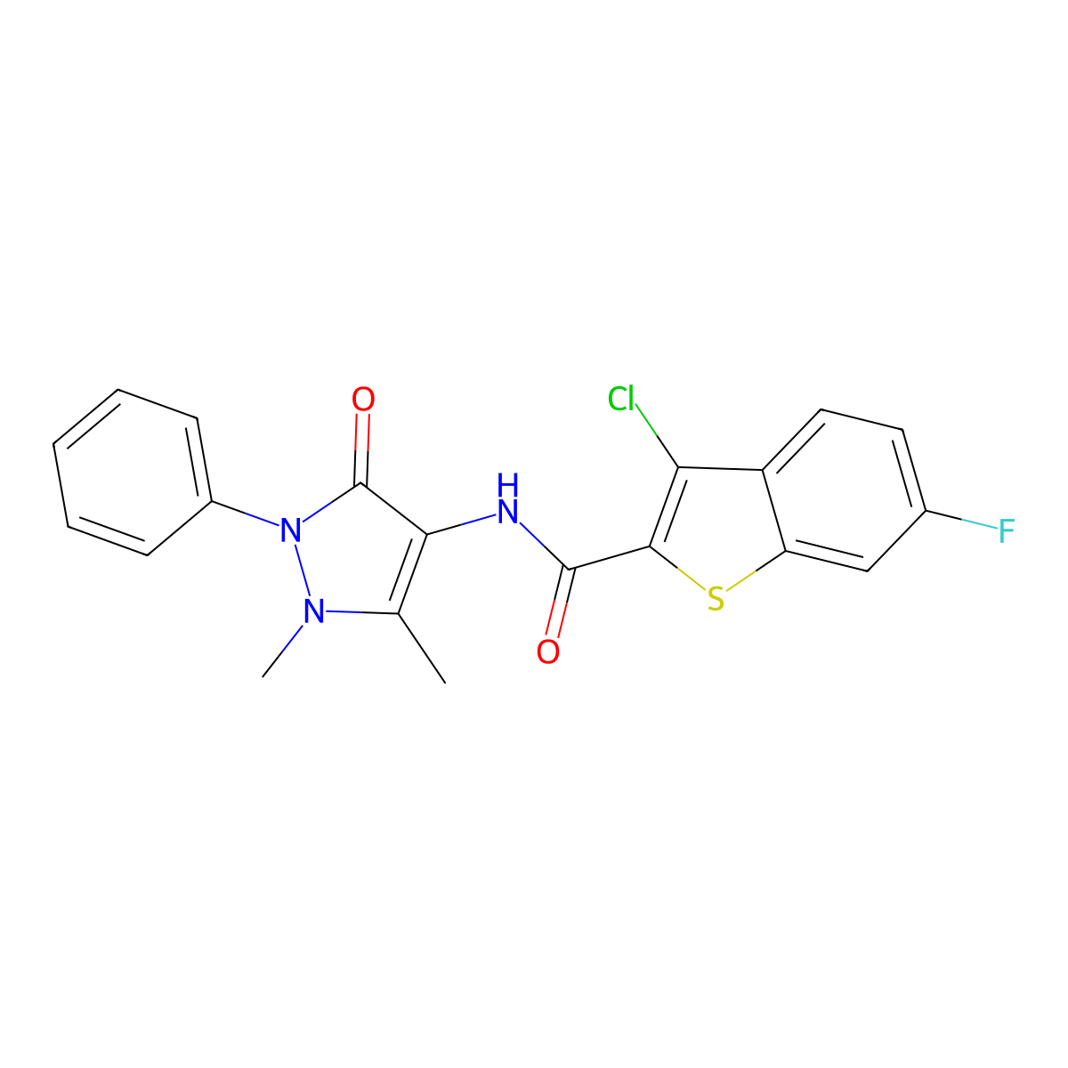 3-chloro-N-(1,5-dimethyl-3-oxo-2-phenyl-2,3-dihydro-1H-pyrazol-4-yl)-6-fluoro-1-benzothiophene-2-carboxamide molecular structure, CAS 620570-68-5