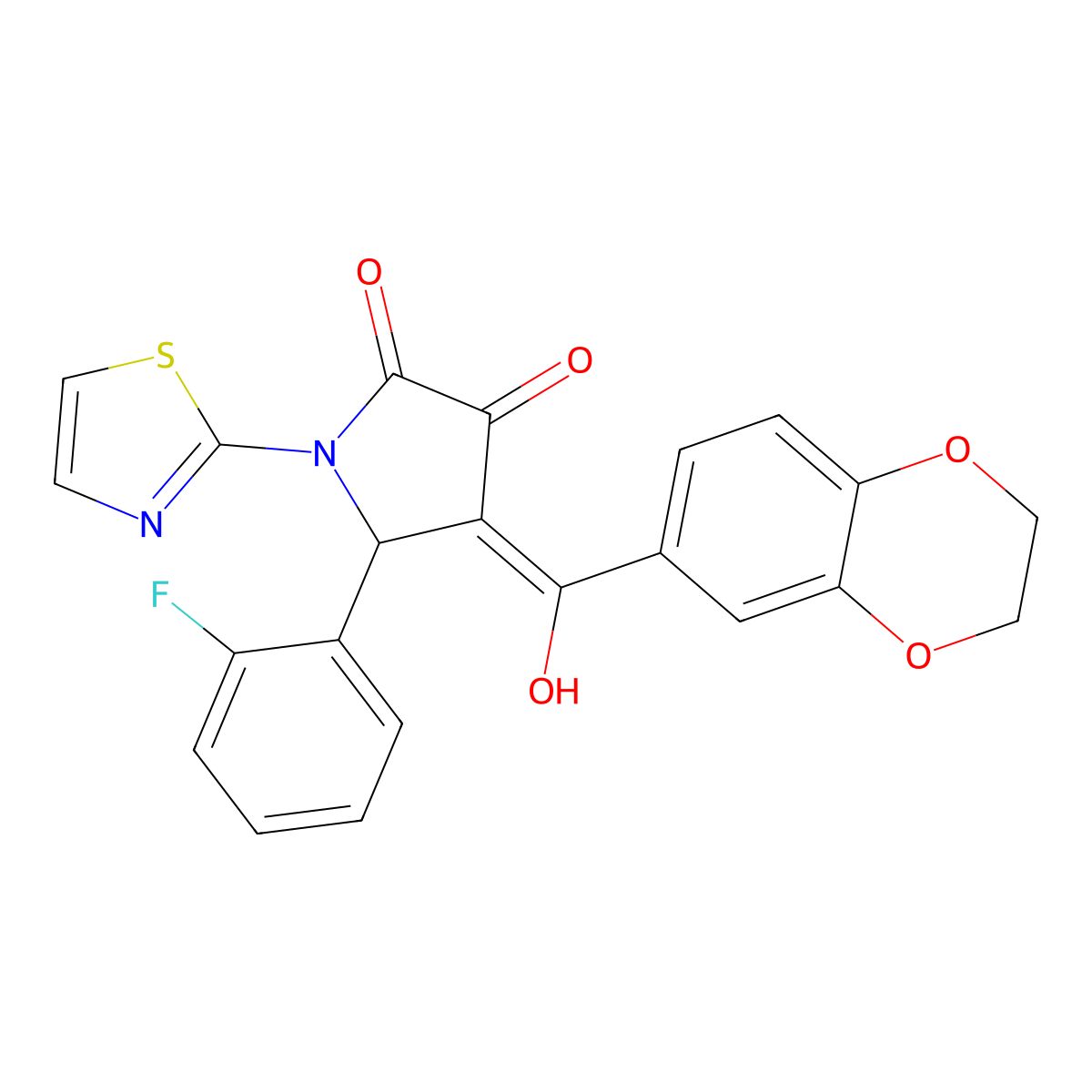 4-(2,3-dihydro-1,4-benzodioxine-6-carbonyl)-5-(2-fluorophenyl)-3-hydroxy-1-(1,3-thiazol-2-yl)-2,5-dihydro-1H-pyrrol-2-one molecular structure, CAS 620570-96-9