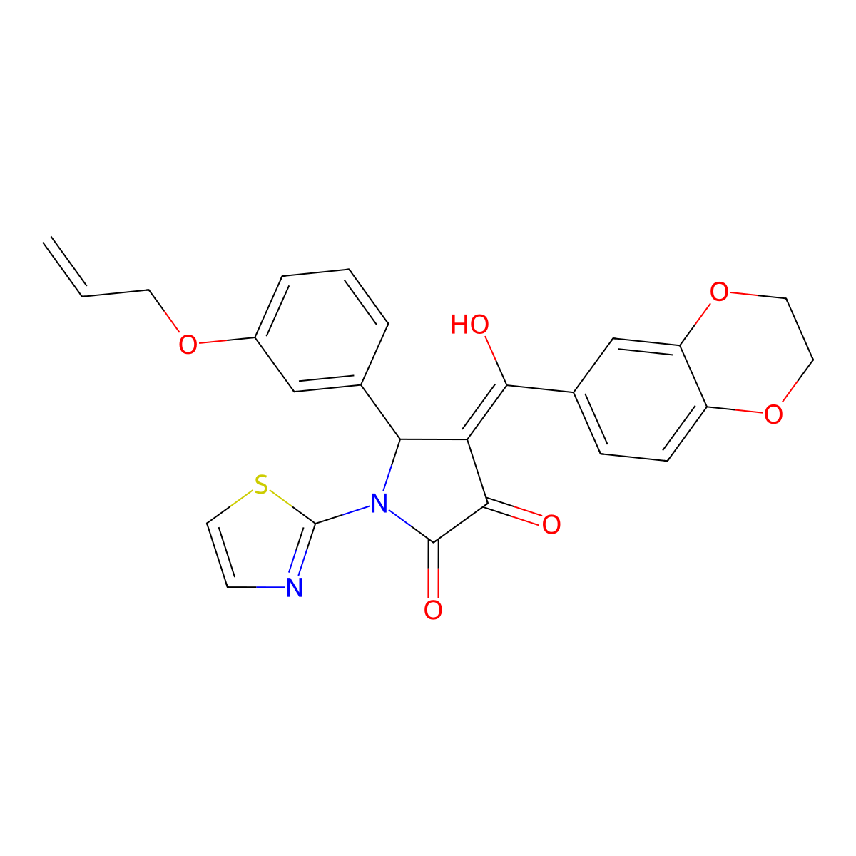 4-(2,3-dihydro-1,4-benzodioxine-6-carbonyl)-3-hydroxy-5-[3-(prop-2-en-1-yloxy)phenyl]-1-(1,3-thiazol-2-yl)-2,5-dihydro-1H-pyrrol-2-one molecular structure, CAS 620571-34-8