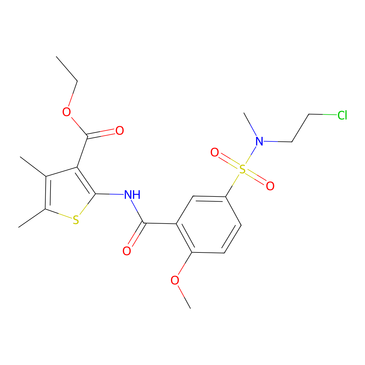 Ethyl 2-[[5-[2-chloroethyl(methyl)sulfamoyl]-2-methoxybenzoyl]amino]-4,5-dimethylthiophene-3-carboxylate molecular structure, CAS 620571-45-1
