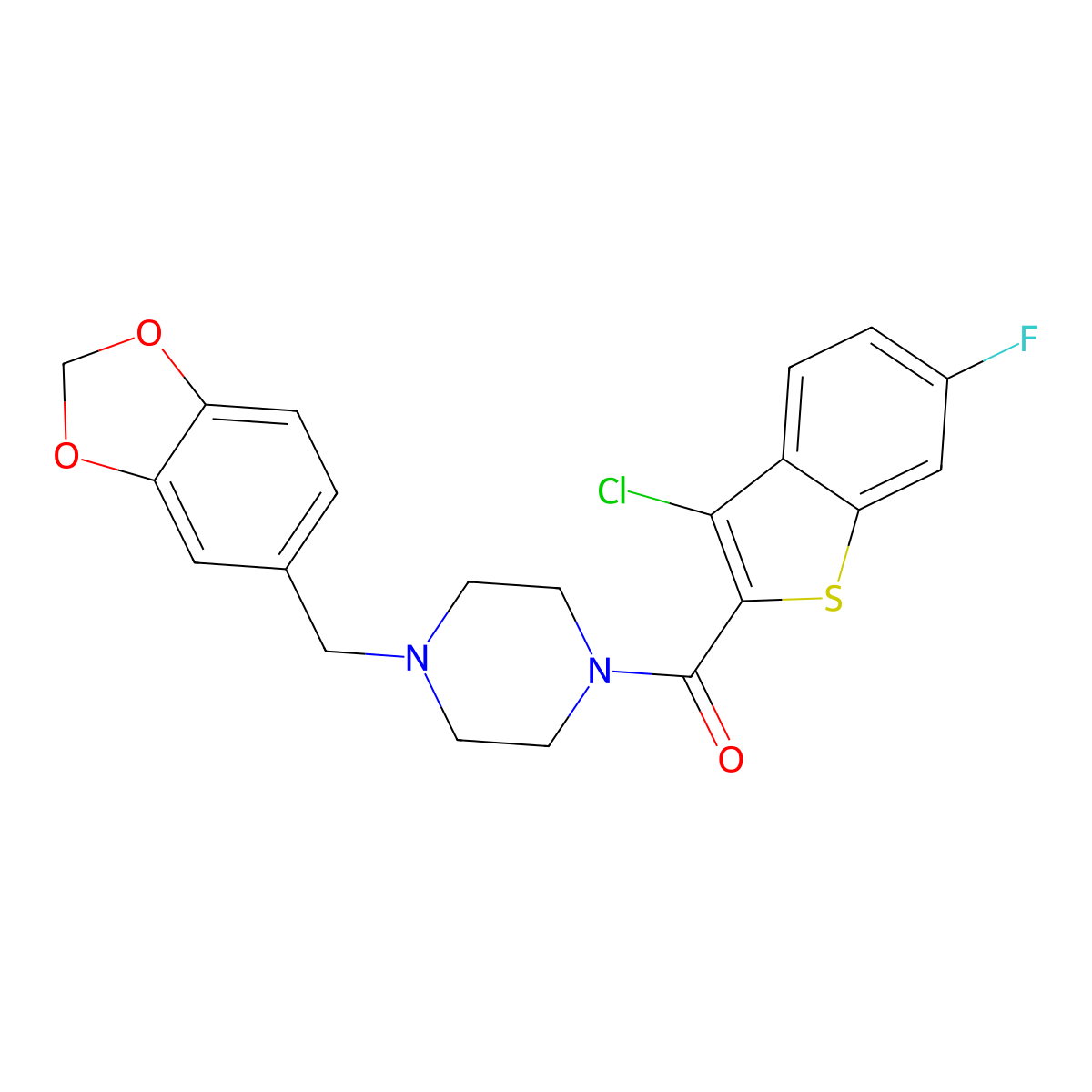 [4-(1,3-Benzodioxol-5-ylmethyl)piperazin-1-yl]-(3-chloro-6-fluoro-1-benzothiophen-2-yl)methanone molecular structure, CAS 620571-74-6