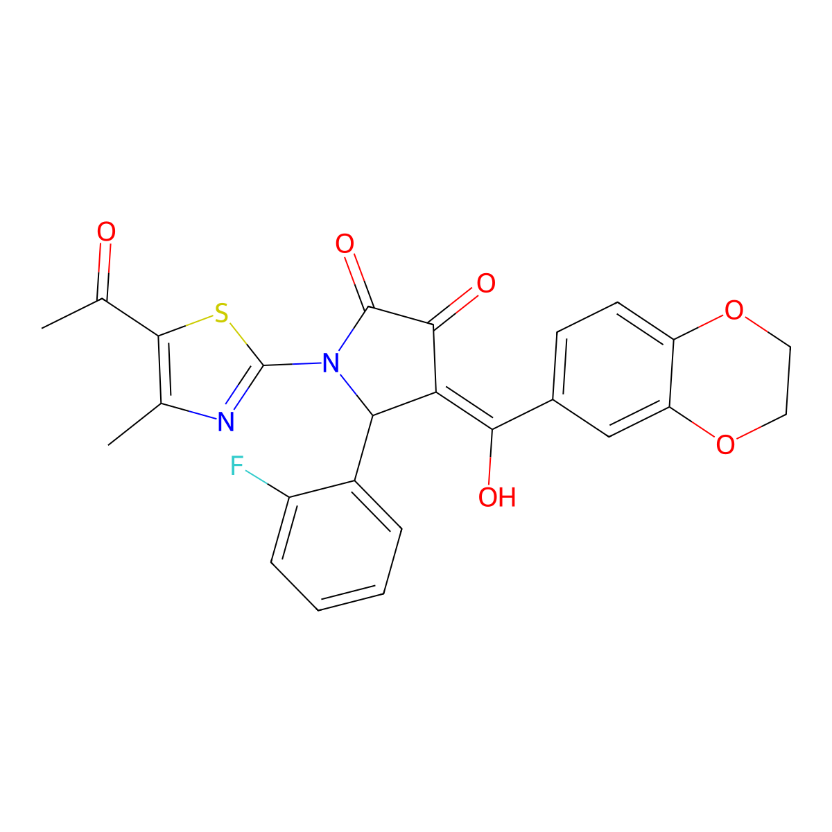 1-(5-acetyl-4-methyl-1,3-thiazol-2-yl)-4-(2,3-dihydro-1,4-benzodioxine-6-carbonyl)-5-(2-fluorophenyl)-3-hydroxy-2,5-dihydro-1H-pyrrol-2-one molecular structure, CAS 620572-21-6