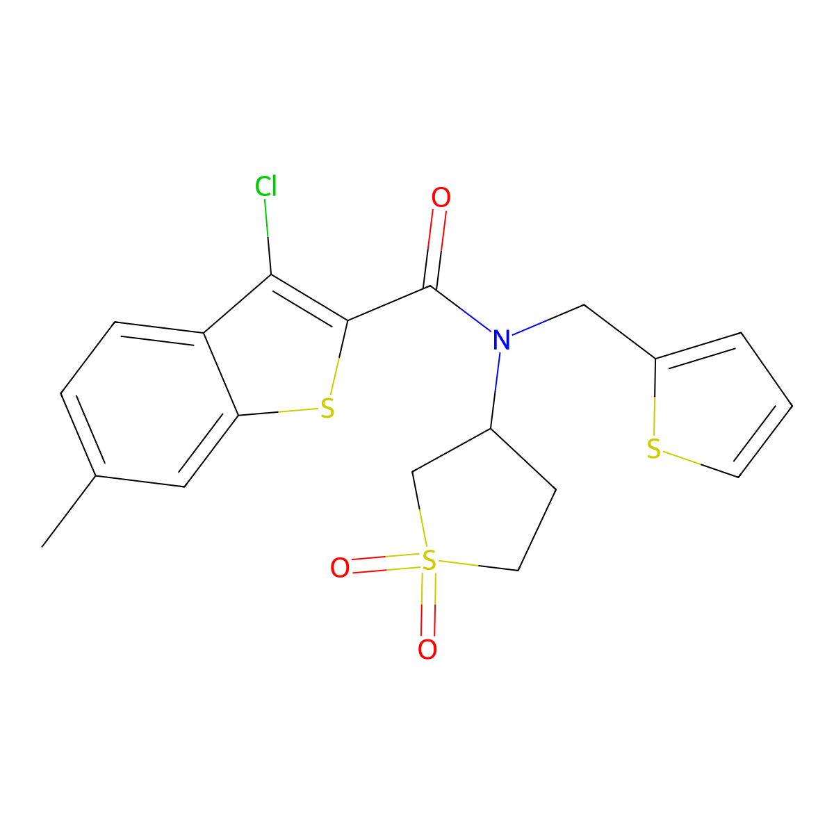 3-chloro-N-(1,1-dioxo-1lambda6-thiolan-3-yl)-6-methyl-N-[(thiophen-2-yl)methyl]-1-benzothiophene-2-carboxamide molecular structure, CAS 620572-29-4