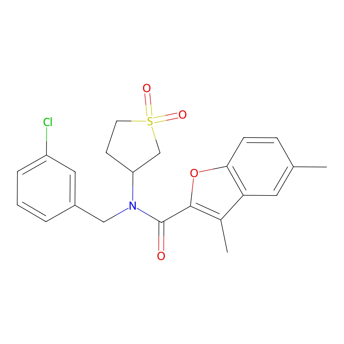N-(3-chlorobenzyl)-N-(1,1-dioxidotetrahydro-3-thienyl)-3,5-dimethyl-1-benzofuran-2-carboxamide molecular structure, CAS 620578-41-8