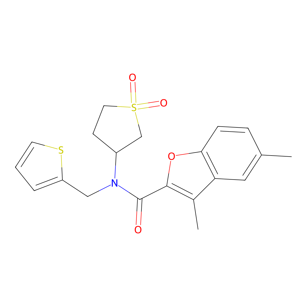 N-(1,1-dioxidotetrahydrothiophen-3-yl)-3,5-dimethyl-N-(thiophen-2-ylmethyl)-1-benzofuran-2-carboxamide molecular structure, CAS 620578-71-4