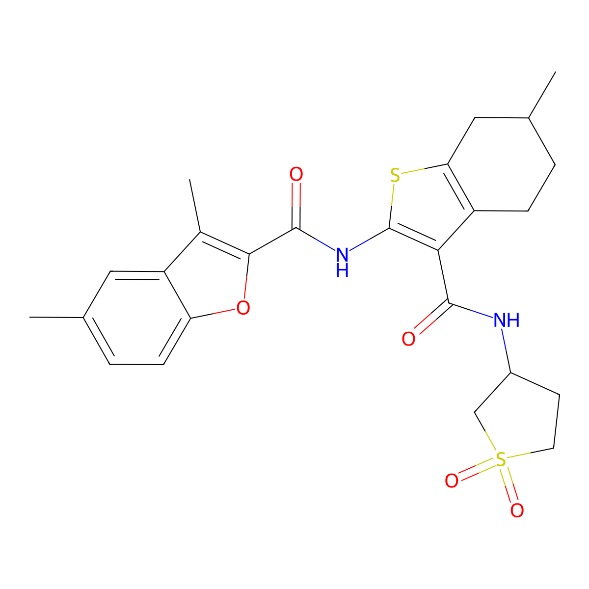 N-{3-[(1,1-dioxidotetrahydrothiophen-3-yl)carbamoyl]-6-methyl-4,5,6,7-tetrahydro-1-benzothiophen-2-yl}-3,5-dimethyl-1-benzofuran-2-carboxamide molecular structure, CAS 620578-76-9