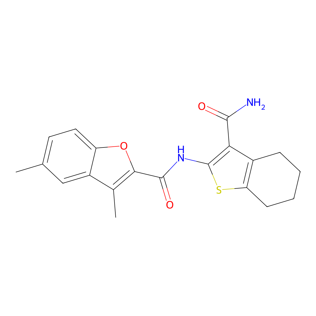 N-(3-carbamoyl-4,5,6,7-tetrahydro-1-benzothiophen-2-yl)-3,5-dimethyl-1-benzofuran-2-carboxamide molecular structure, CAS 620585-09-3