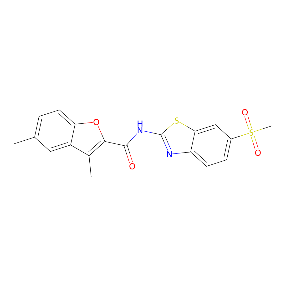 N-(6-methanesulfonyl-1,3-benzothiazol-2-yl)-3,5-dimethyl-1-benzofuran-2-carboxamide molecular structure, CAS 620585-24-2