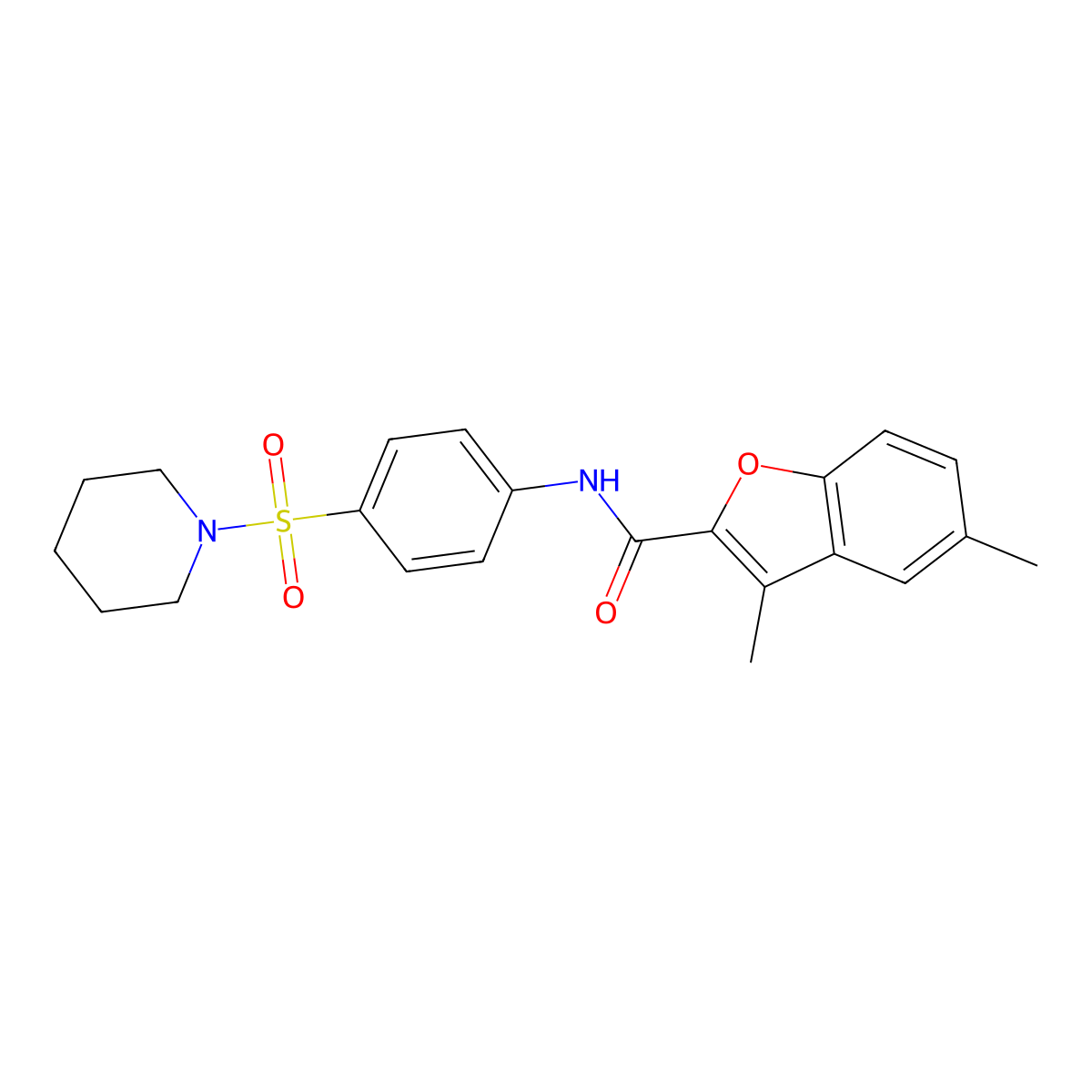 3,5-dimethyl-N-[4-(piperidin-1-ylsulfonyl)phenyl]-1-benzofuran-2-carboxamide molecular structure, CAS 620585-54-8