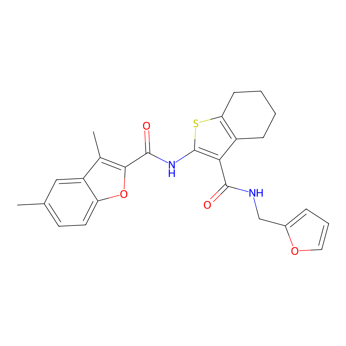 N-[3-(furan-2-ylmethylcarbamoyl)-4,5,6,7-tetrahydro-1-benzothiophen-2-yl]-3,5-dimethyl-1-benzofuran-2-carboxamide molecular structure, CAS 620585-79-7