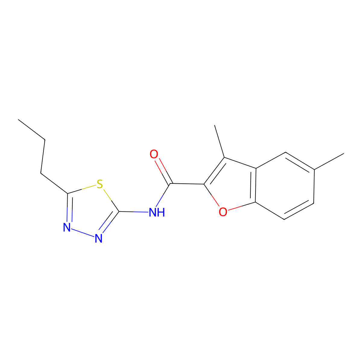 3,5-dimethyl-N-(5-propyl-1,3,4-thiadiazol-2-yl)-1-benzofuran-2-carboxamide molecular structure, CAS 620586-21-2