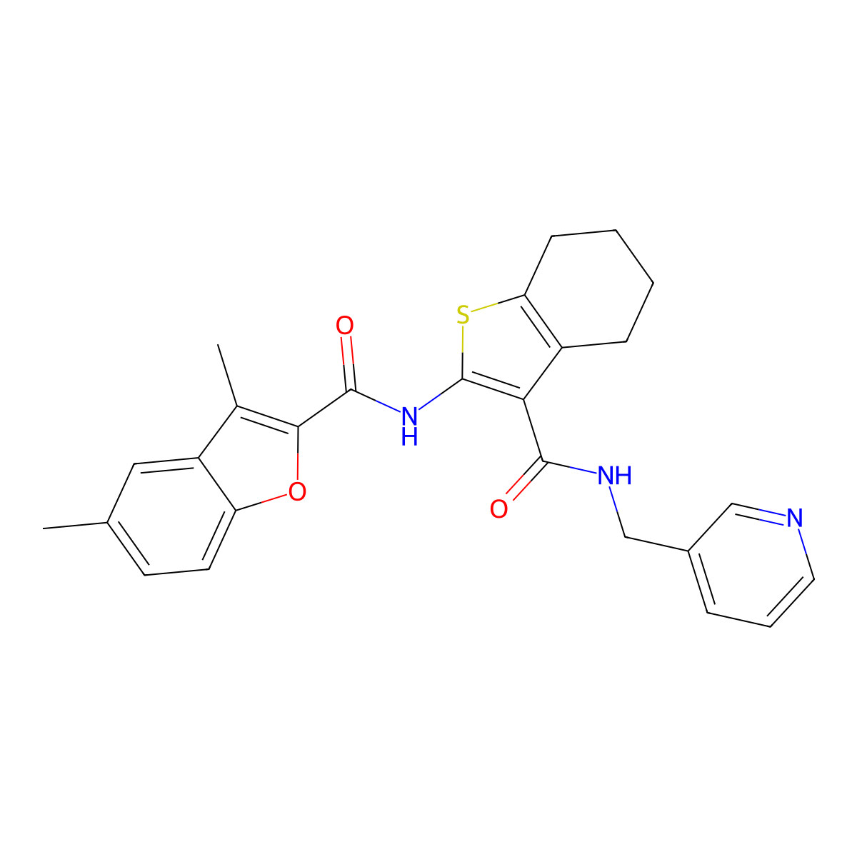 3,5-dimethyl-N-(3-((pyridin-3-ylmethyl)carbamoyl)-4,5,6,7-tetrahydrobenzo[b]thiophen-2-yl)benzofuran-2-carboxamide molecular structure, CAS 620586-33-6