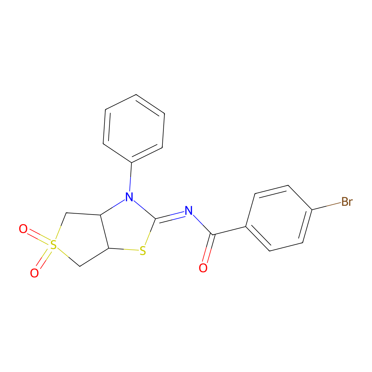 (E)-4-bromo-N-(5,5-dioxido-3-phenyltetrahydrothieno[3,4-d]thiazol-2(3H)-ylidene)benzamide molecular structure, CAS 620590-25-2