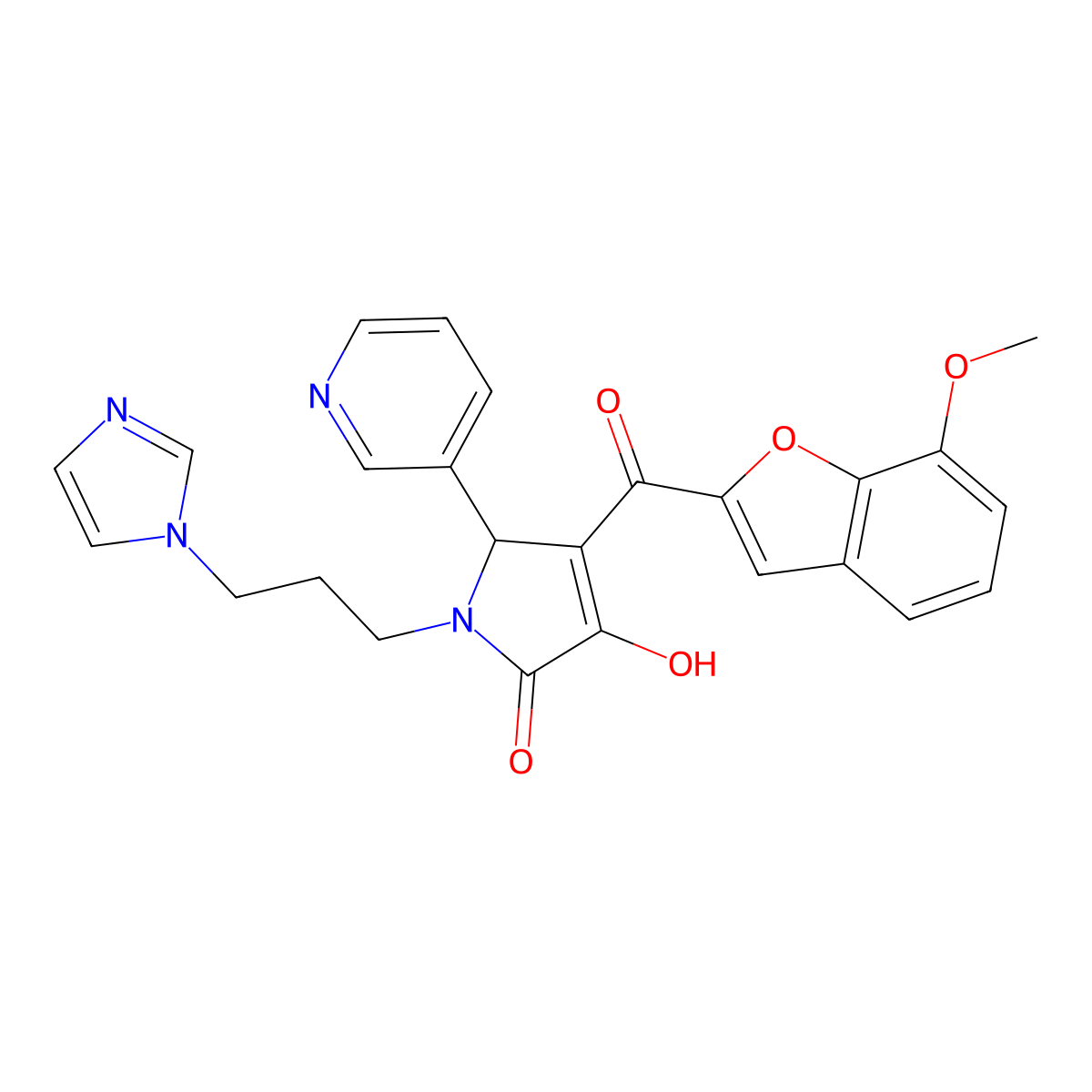 3-hydroxy-1-[3-(1H-imidazol-1-yl)propyl]-4-(7-methoxy-1-benzofuran-2-carbonyl)-5-(pyridin-3-yl)-2,5-dihydro-1H-pyrrol-2-one molecular structure, CAS 620929-22-8