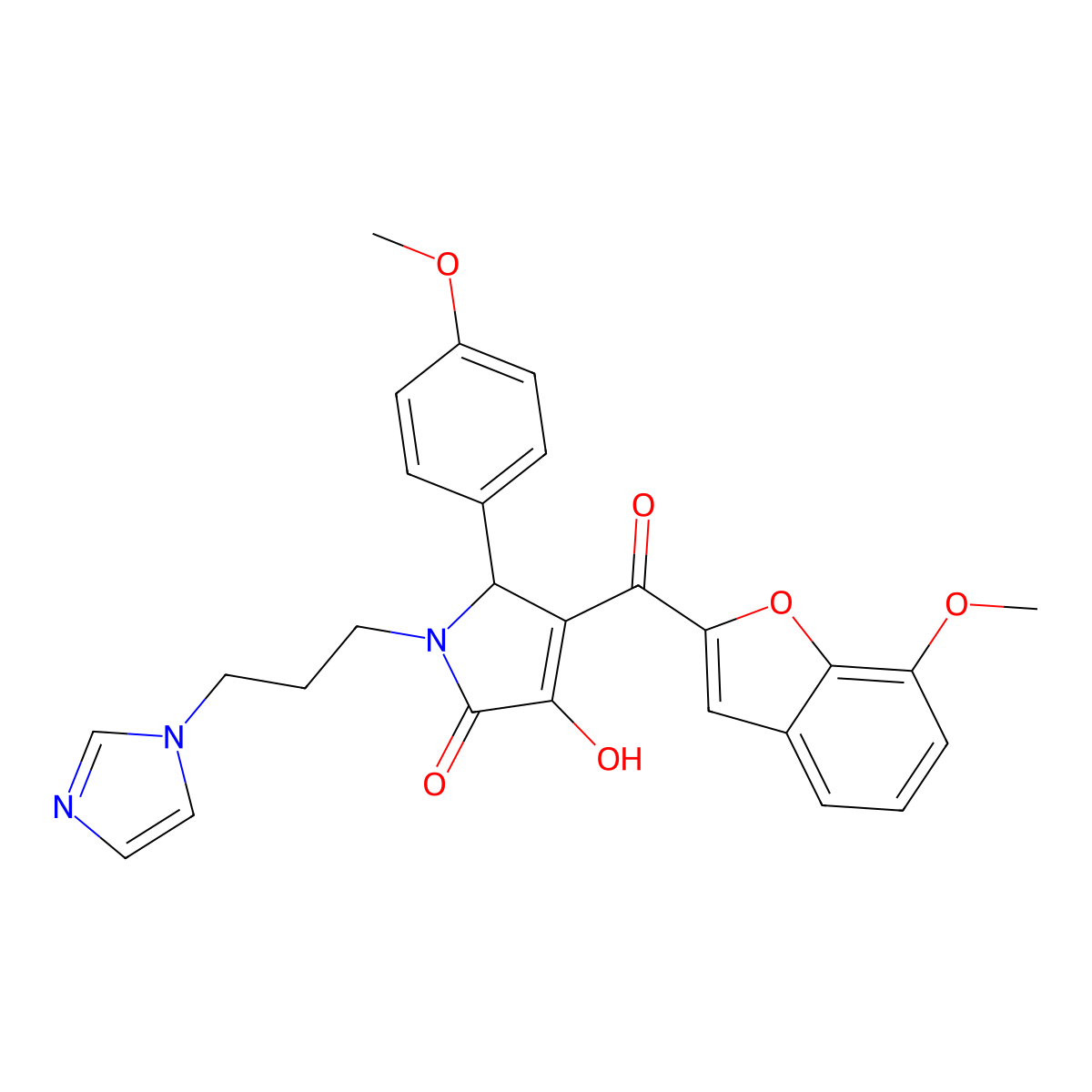 3-hydroxy-1-[3-(1H-imidazol-1-yl)propyl]-4-(7-methoxy-1-benzofuran-2-carbonyl)-5-(4-methoxyphenyl)-2,5-dihydro-1H-pyrrol-2-one molecular structure, CAS 620929-33-1
