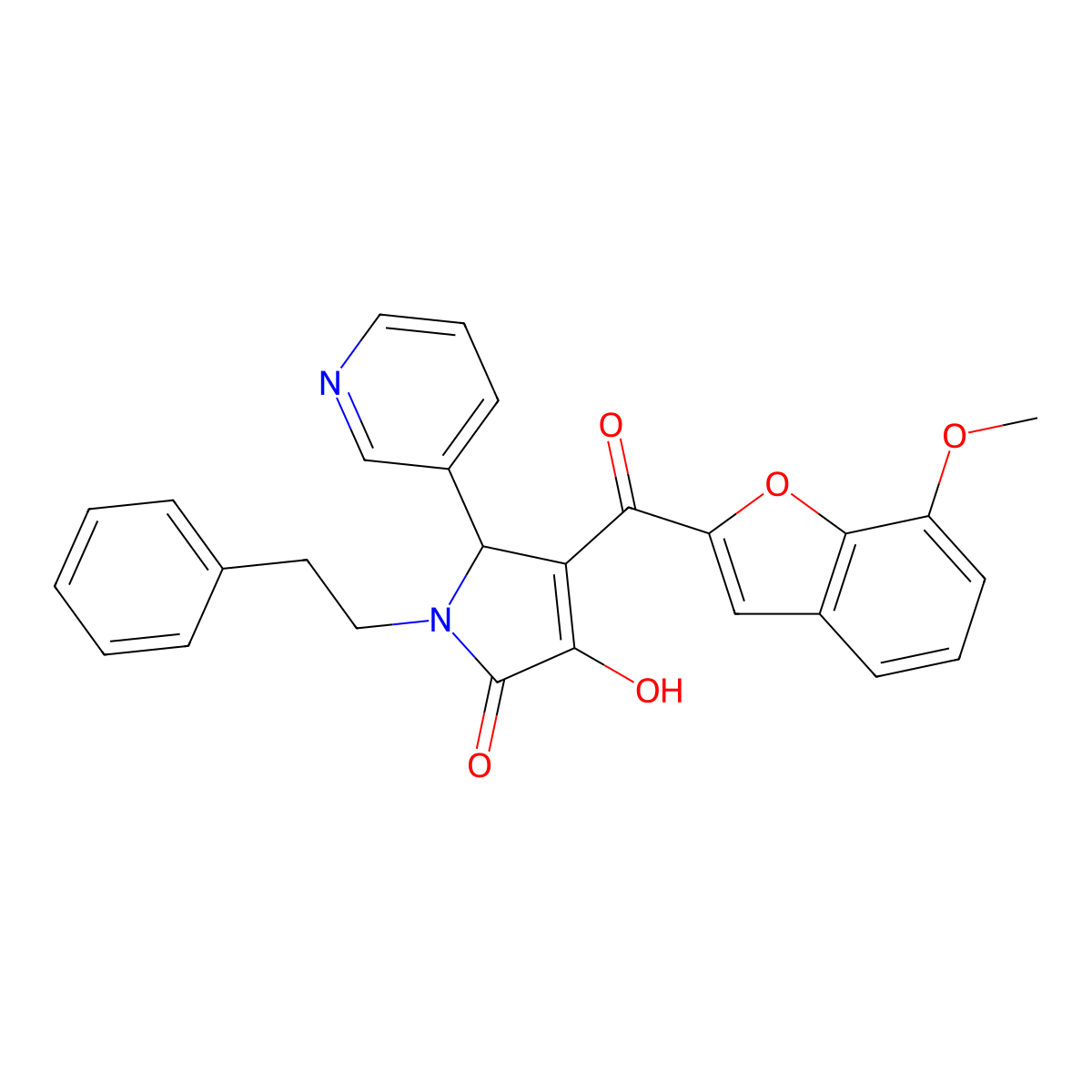 3-hydroxy-4-(7-methoxy-1-benzofuran-2-carbonyl)-1-(2-phenylethyl)-5-(pyridin-3-yl)-2,5-dihydro-1H-pyrrol-2-one molecular structure, CAS 620930-65-6