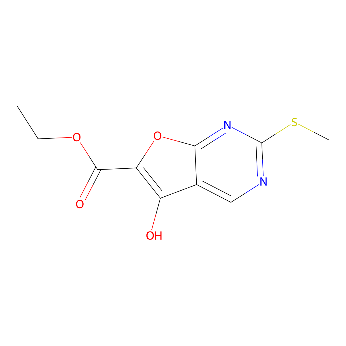 Ethyl 5-hydroxy-2-methylsulfanylfuro[2,3-d]pyrimidine-6-carboxylate molecular structure, CAS 62094-70-6
