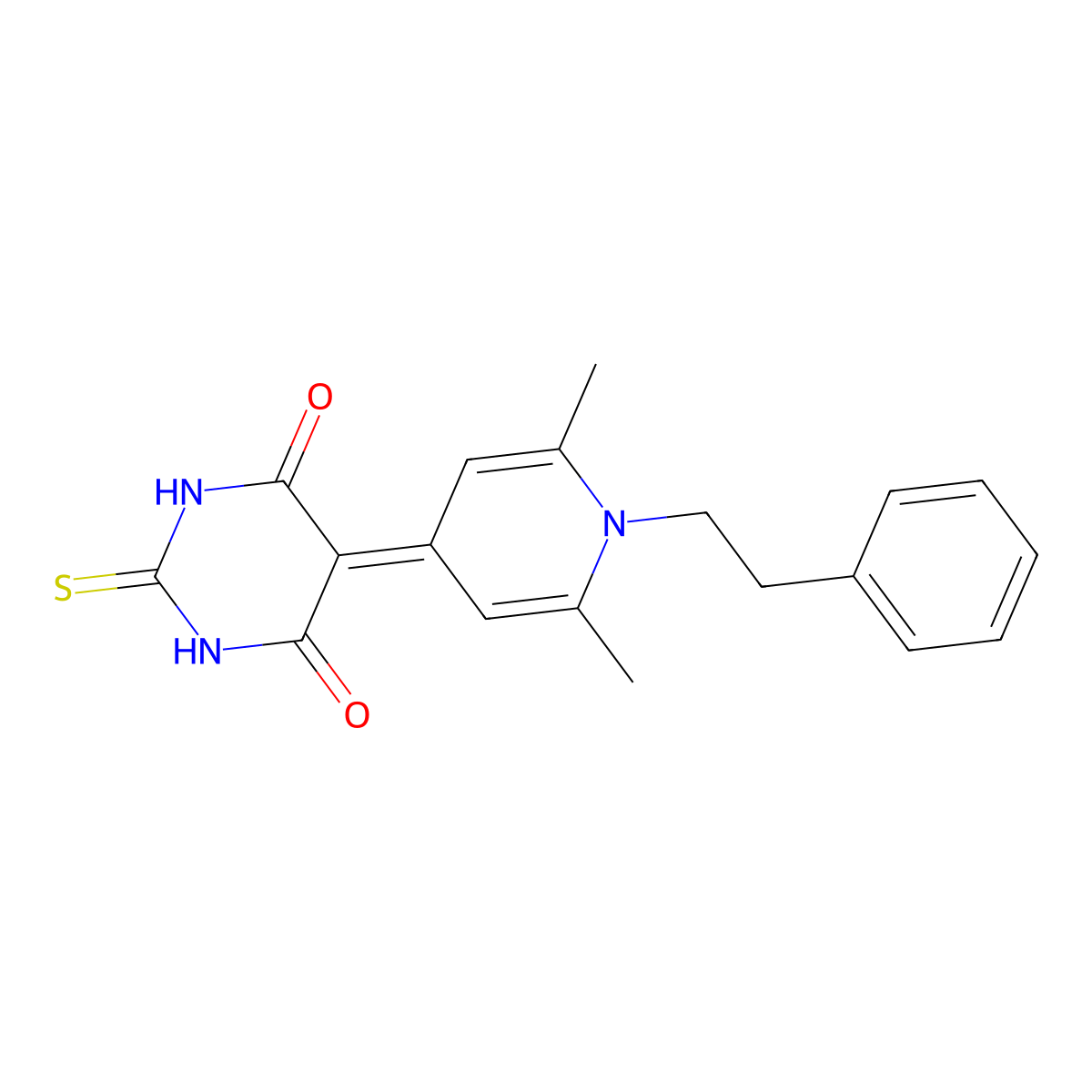 5-[2,6-dimethyl-1-(2-phenylethyl)pyridin-4(1H)-ylidene]-2-thioxodihydropyrimidine-4,6(1H,5H)-dione molecular structure, CAS 6212-79-9