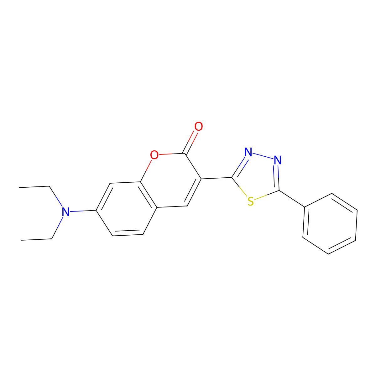 2H-1-Benzopyran-2-one, 7-(diethylamino)-3-(5-phenyl-1,3,4-thiadiazol-2-yl)- molecular structure, CAS 62143-26-4