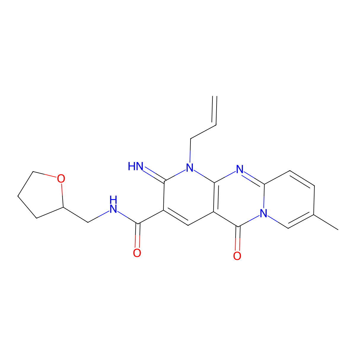 6-imino-13-methyl-2-oxo-N-(oxolan-2-ylmethyl)-7-prop-2-enyl-1,7,9-triazatricyclo[8.4.0.03,8]tetradeca-3(8),4,9,11,13-pentaene-5-carboxamide molecular structure, CAS 6215-04-9