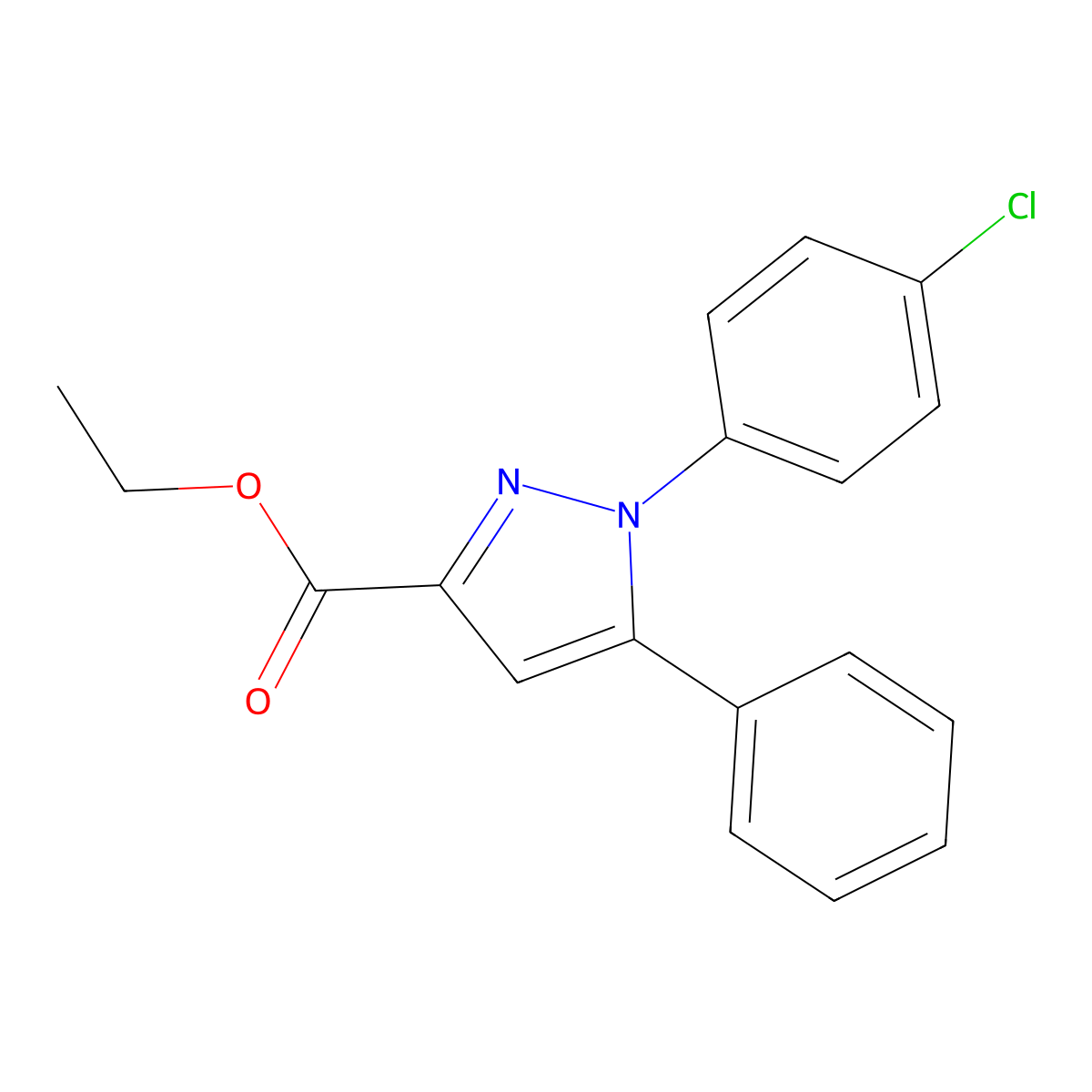1H-Pyrazole-3-carboxylic acid, 1-(4-chlorophenyl)-5-phenyl-, ethyl ester molecular structure, CAS 62160-92-3