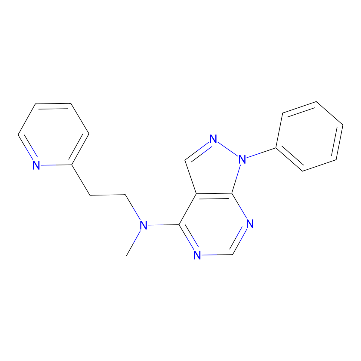 Methyl(1-phenylpyrazolo[4,5-e]pyrimidin-4-yl)(2-(2-pyridyl)ethyl)amine molecular structure, CAS 6220-38-8