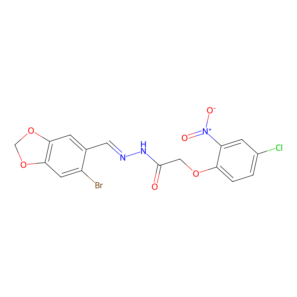 N-[(6-bromobenzo[1,3]dioxol-5-yl)methylideneamino]-2-(4-chloro-2-nitro-phenoxy)acetamide molecular structure, CAS 6221-86-9